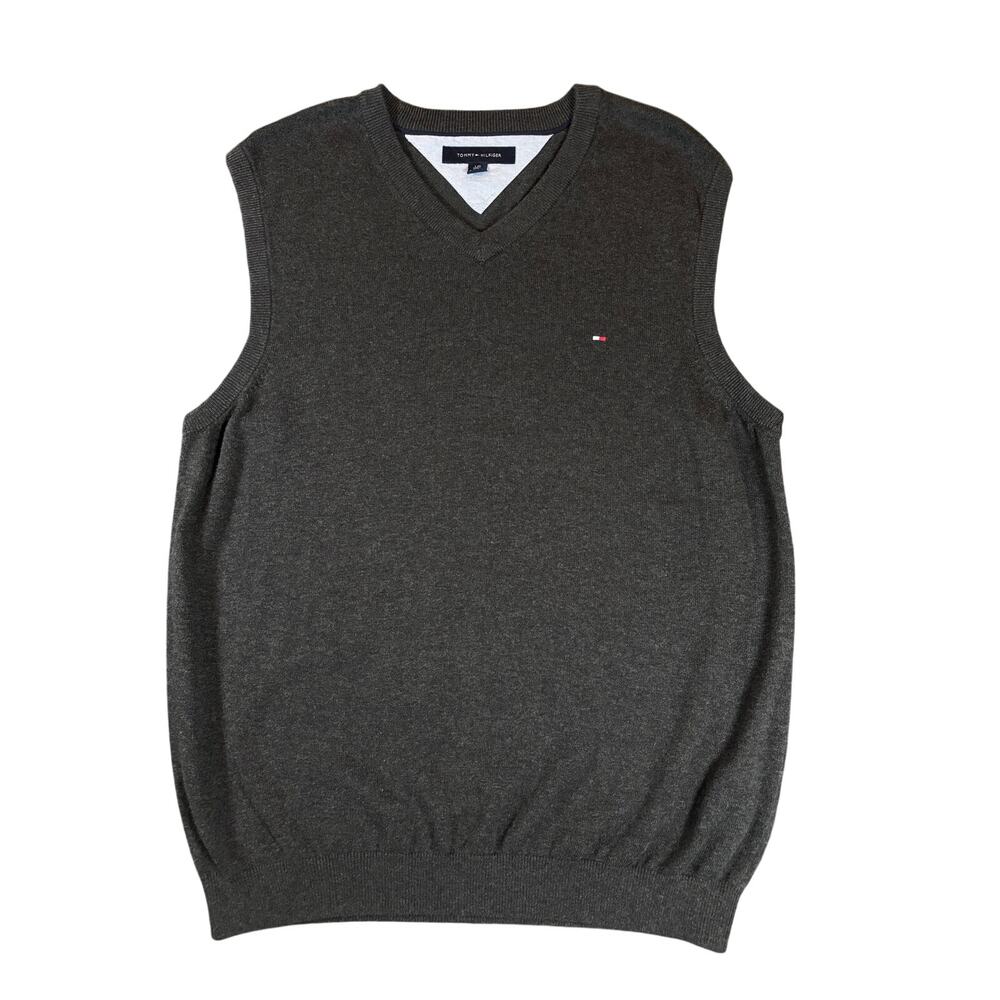 Tommy Hilfiger Men's Large Charcoal Gray V-Neck Sweater Vest Flag Logo